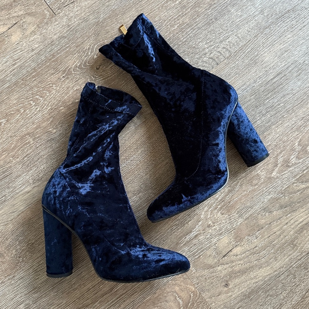 SIMMI Estelle Elegant NAVY Crushed Velvet Block Heel Ankle Boots 7.5